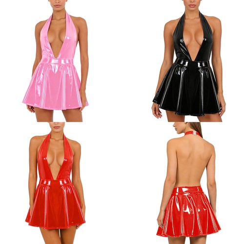 UK Women Wet Look Patent Leather Leotard with Mini Skirt  Lingerie Set Clubwear - Afbeelding 5 van 47
