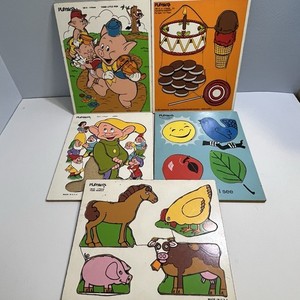 Vintage Playskool Wooden Puzzle Lot Of 5 - Colors, Animals, Dessert, 3 Pigs