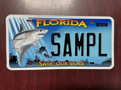 Florida Save Our Seas SAMPLE License Plate Tag specialty Shark divers water
