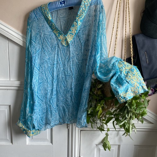 Seiden Top Bluse Gr 12 14 Kaftan blau gold Pailletten Langarm Urlaub Sommer