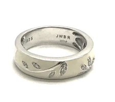 Sterling Silver Cream Enamel Diamond Flower Leaf Accent Cocktail Band Ring Sz 6