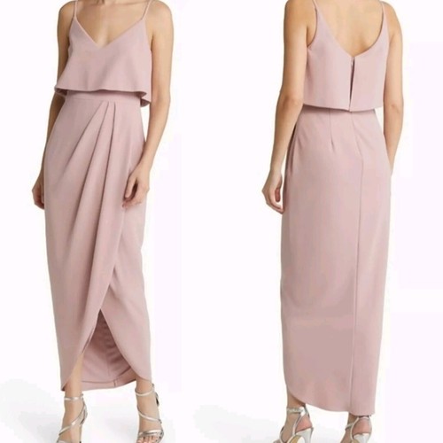 NUEVO SIN ETIQUETAS XSCAPE Talla 4 Rosa Sin Mangas Crepé Volantes Escote en V Dobladillo Tulipán Vestido Midi - Imagen 1 de 9