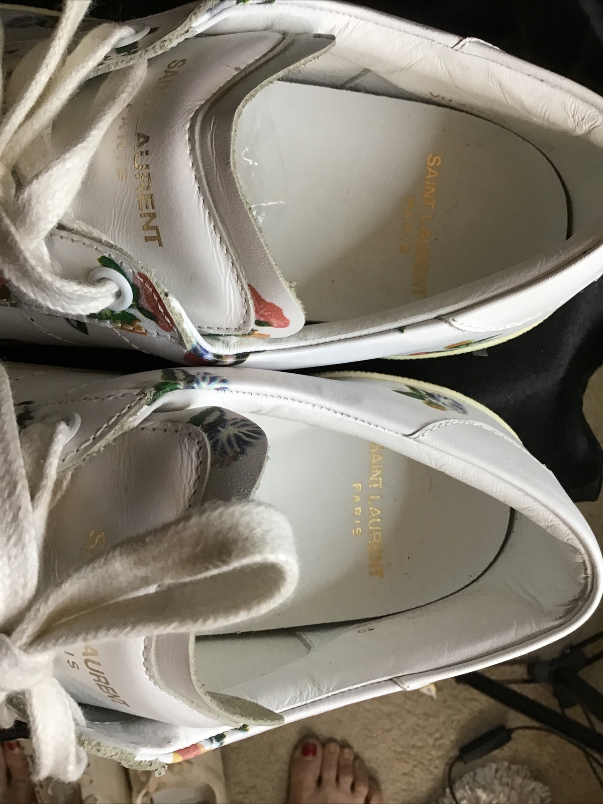 Sneaker basse Saint Laurent stampa floreale bianca stringate in pelle taglia 39