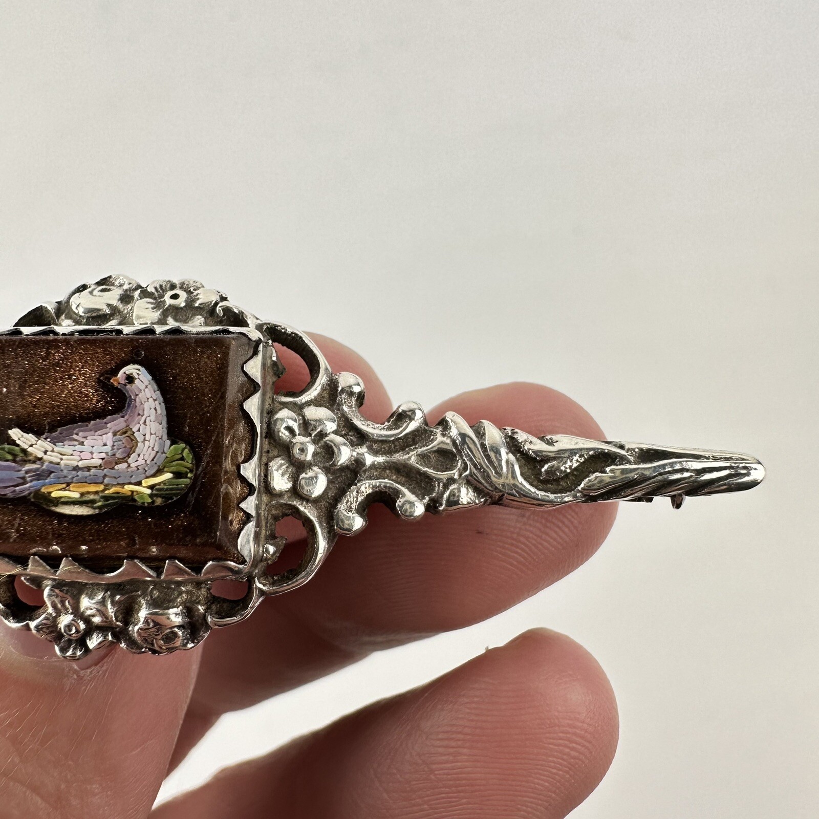 Antique Solid Silver Mounted Micro Mosaic Dove Br… - image 10