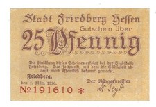 Notgeld - Friedberg - Stadtkasse Friedberg - 25 Pfennig - 1920 - Verkehrsausgabe