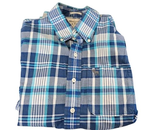 Abercrombie & Fitch Blue Plaid Button Up Collared Muscle Dress Shirt Large - Picture 1 of 8