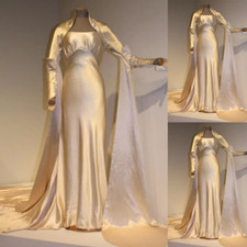 Vintage Champagne Wedding Dresses with Cape Satin Sweep Train A Line Bridal Gown