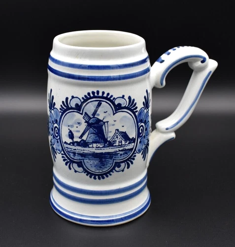 VIntage Delft Blue Hand Painted Holland Dutch Windmill Beer Stein Mug - Mint