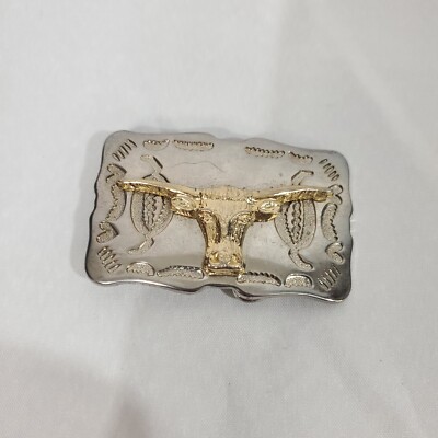 Belt Buckle Cowboy Western Long Horned Bull Shiny Silver Metal
