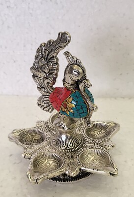 Peacock Traditional Diya White Metal Pooja Artical with stone work gift