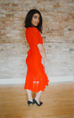 Red Lace Mermaid Midi Dress With A Tied Waist | eBay