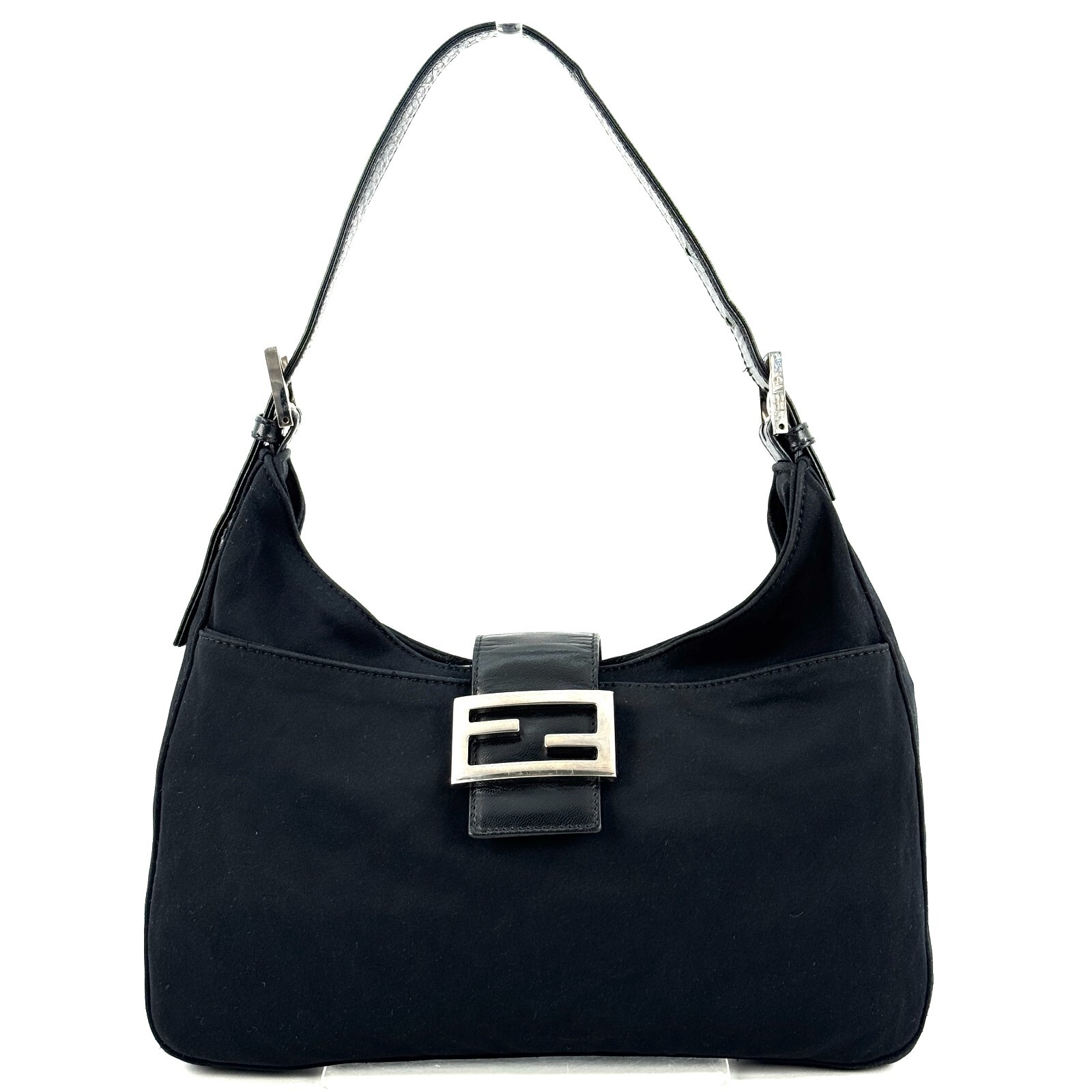 FENDI Mamma Bucket Bag Black Nylon Leather Shoulder Bag Authentic Logo