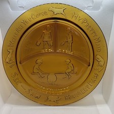 Vintage Tiara Indiana Amber Glass Plate Nursery Rhyme Divided Mother Goose 8.5"