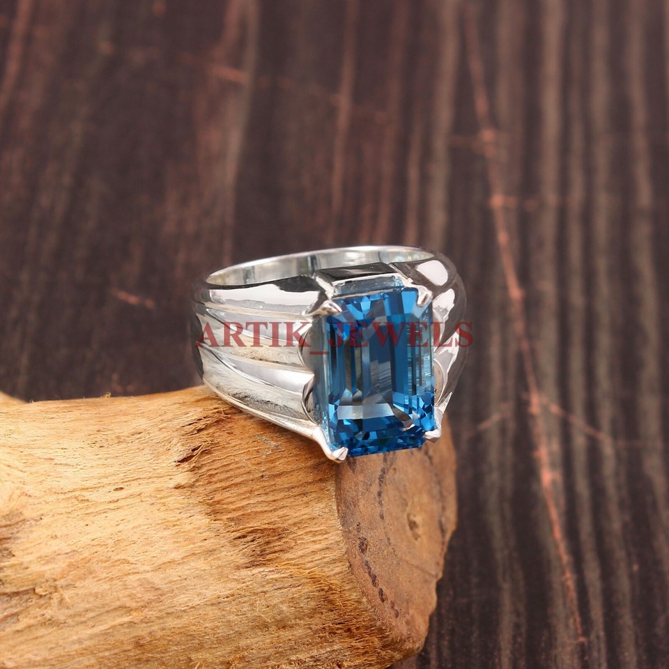 Natural Blue Topaz Gemstone with 925 Sterling Silver Ring for Men's ...