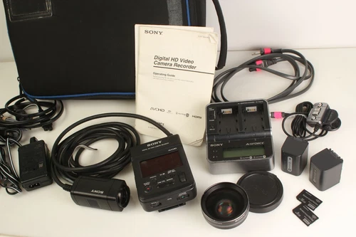 Sony HXR-MC1 Video Camera Recorder many accessories cards wide angle lens tested