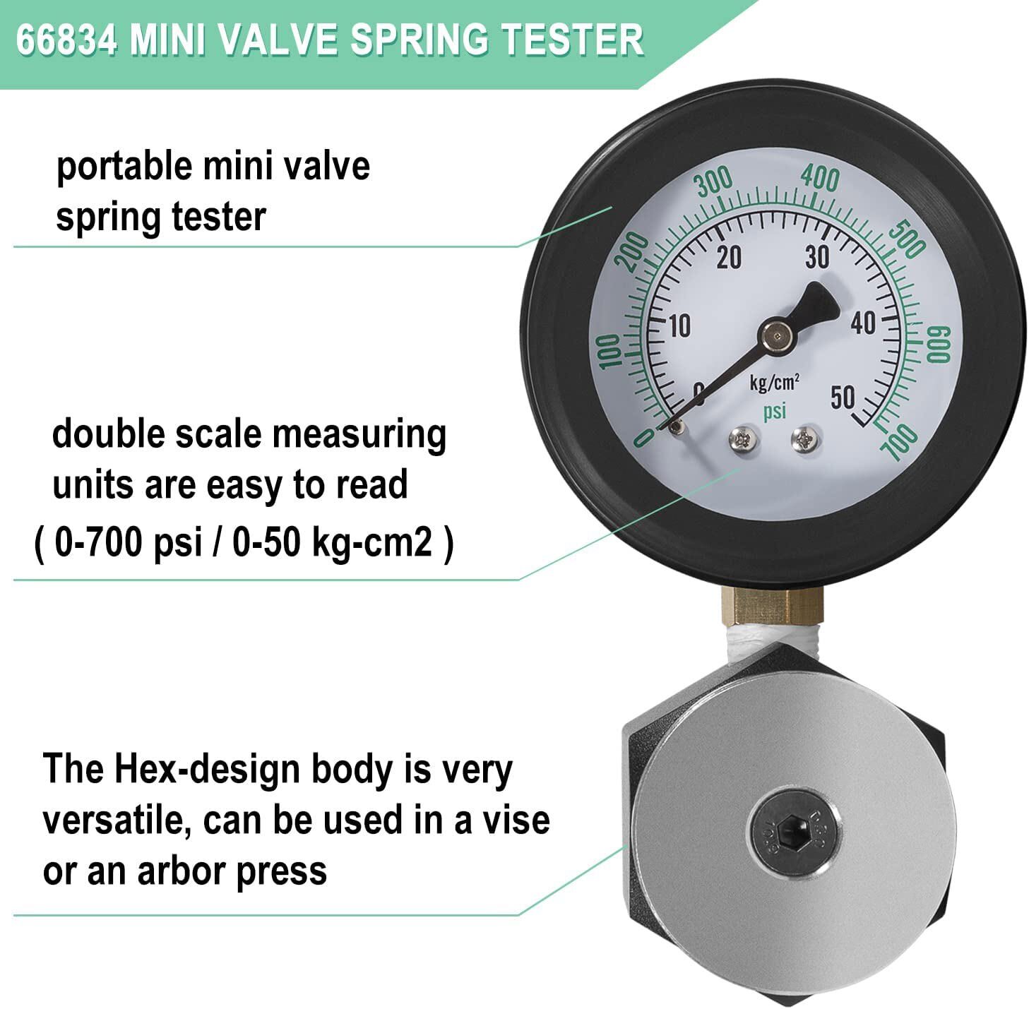 66834 Mini Valve Spring Pressure Tester Measurement Range 0-700 psi 0-50 kg-cm2	