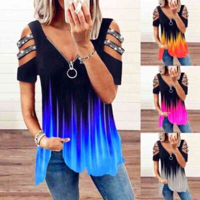 T-Shirt Gradient Ladies Blouse Tee Cold Shoulder V-Neck Tunic Tops Zipper Womens