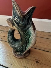 Majolica Style Antique Gurgling Fish Gluggle Jug Water Pitcher Vase