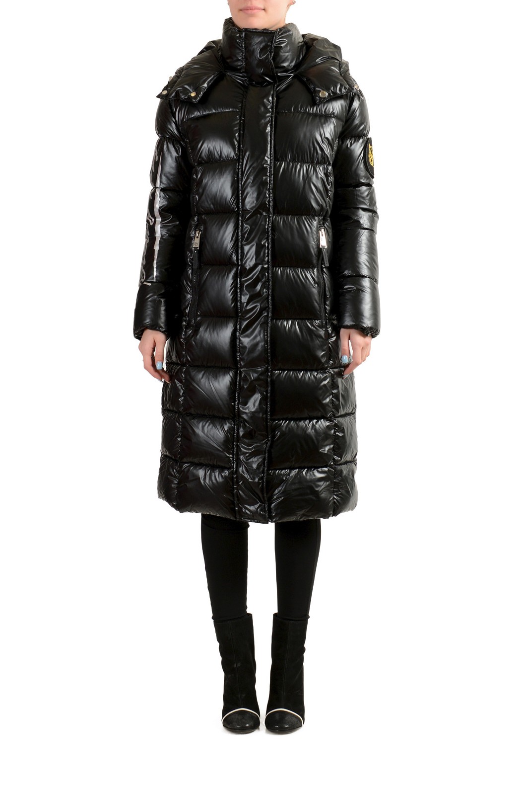 Plein Sport Women's Hooded Logo Print Zip Up Long Parka Jacket US 2XL IT 48