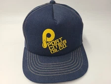 Vintage Port Cities Oil Co YoungAn Denim Mesh Trucker Snapback Hat Cap Men Blue