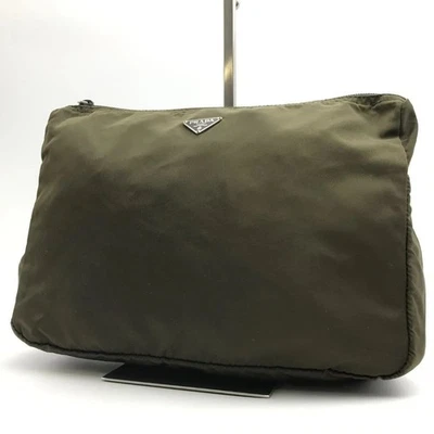 Auth PRADA Pouch Bag Tessuto Nylon Triangle Logo Kaki Green Zipper Women's - Photo 1/4