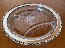 Vtg Wallace Sterling Silver Rimmed Etched/Cut Glass Divided Dish/Platter/Tray