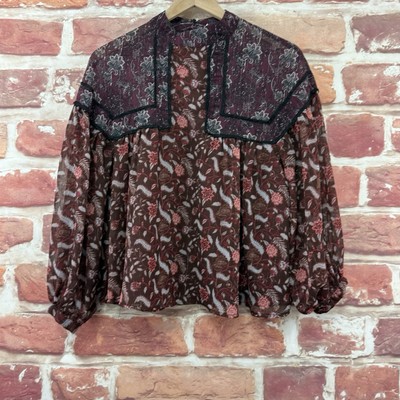 Zara Top Shirt Womens Medium Multicolor Boho Floral Metallic High Neck Blouse