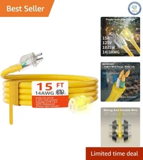 Waterproof & Cold Weather 15 ft 14/3 Extension Cord with Lighted Indicator