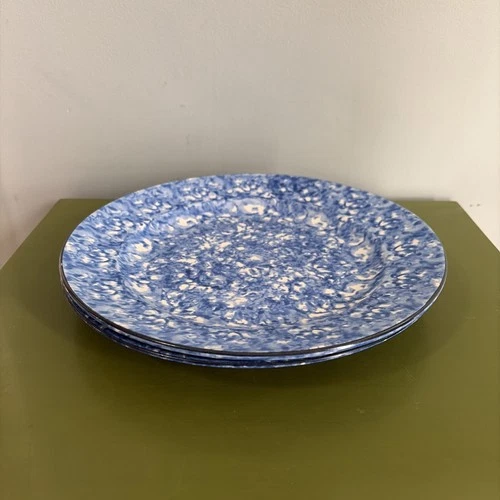 Set of 2 Stangl Pottery Town and Country Blue Sponge Round Dinner Plates 10.75”d
