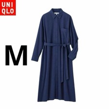 UNIQLO Linen Cotton Belted Long Shirt Dress M Navy Collab Used