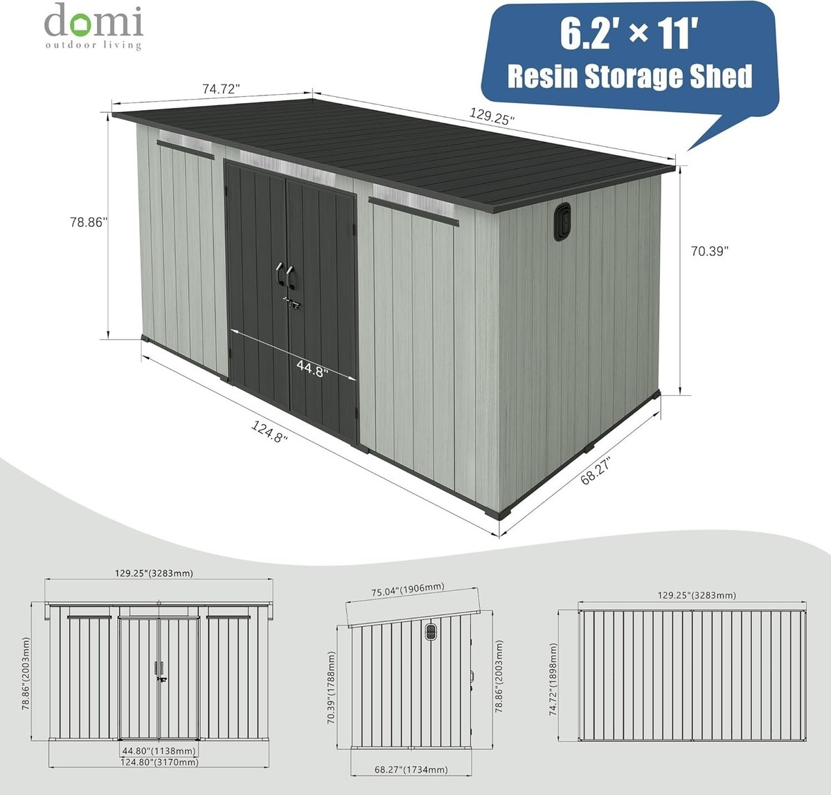 DE FABRIEK．MADE IN SPAIN． Domi 6'X11' Resin Storage Shed,Plastic Garden Shed w/Lockable Door