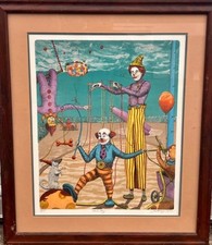 J Getsinger signed 3 Autos Lithograph Clowns  framed rare 25 By 29