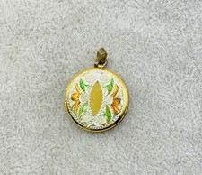 Vintage Round Photo Locket Pendant Gold Tone Filigree Floral Iridescent Design