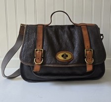 Fossil Vintage Issue 54 Gray Messenger Leather Bag Satchel Brass Buckle