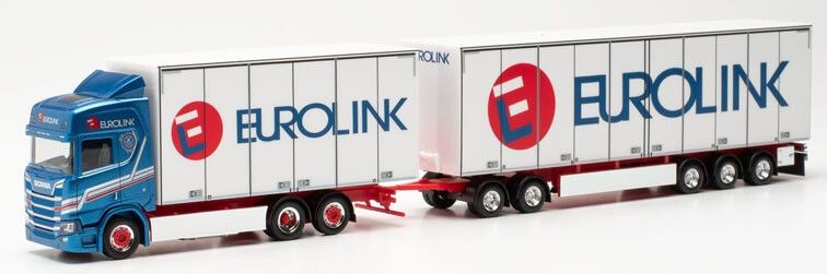 HERPA SCANIA 6x2 CR 20 HD met dolly en trailer 3 assen EUROLINK blauw 1/87