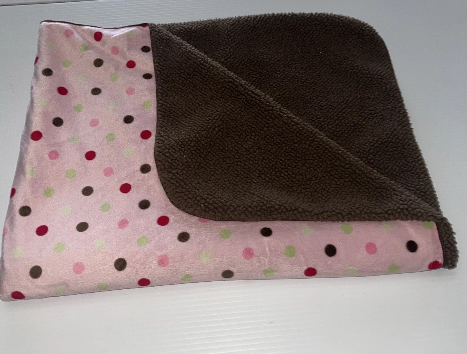 Just Born Pink Brown White Polka Dot Sherpa Baby Blanket Security Lovey