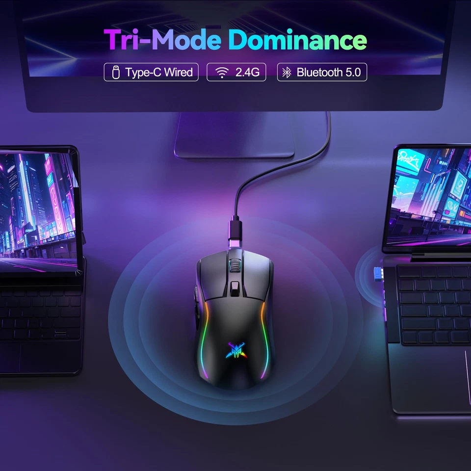 Tri-Mode Wireless Gaming Mouse, RGB Backlit Bluetooth 5.0/2.4G/USB-C Recharge... - Image 2 of 4