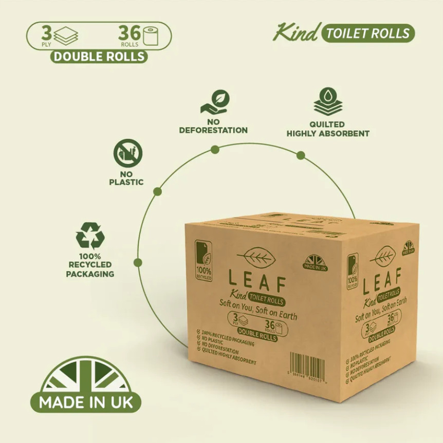 LEAF Kind 3 Ply Toilet Rolls - 36 Double Rolls Bulk Case 100% Recycled Eco Paper