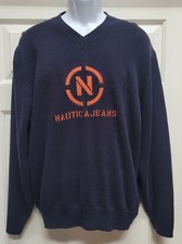 Nautica Civvies Sweater Navy with Orange Logo size XL Cotton V-Neck