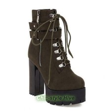 Womens Block High Heels Ankle Boots Platform Round Toe Lace Up Buckle Punk Shoes