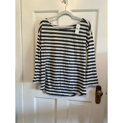 NWT Loft Gray White Stripe Cotton Long Sleeve T Shirt Roll Tab Scoop Neck Wom M