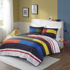 Kids Quilt Set, Vibrant Color Block Stripes Coverlet for Twin Size Bed, All S...