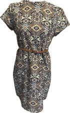 Zara Trafaluc Brown Black Beige Blue Geometric Belted Shift Dress Short Sleeve L