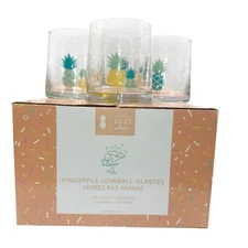 Chic & Tonic Glass Low-ball Pineapple Decor 6 oz Set of 4 With Gift Box