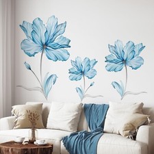 Tanlaby Large Blue Flowers Wall Stickers Transparent Watercolor Floral Wall D...