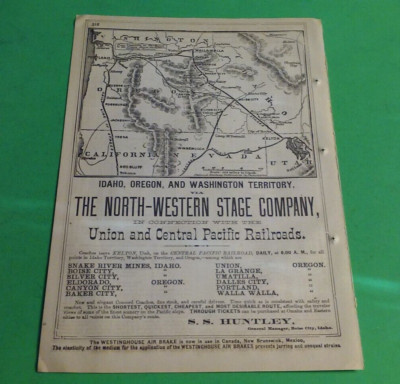 Rare 1876 THE NORTH-WESTERN STAGE Stagecoach COMPANY Railroad Print Map & Routes
