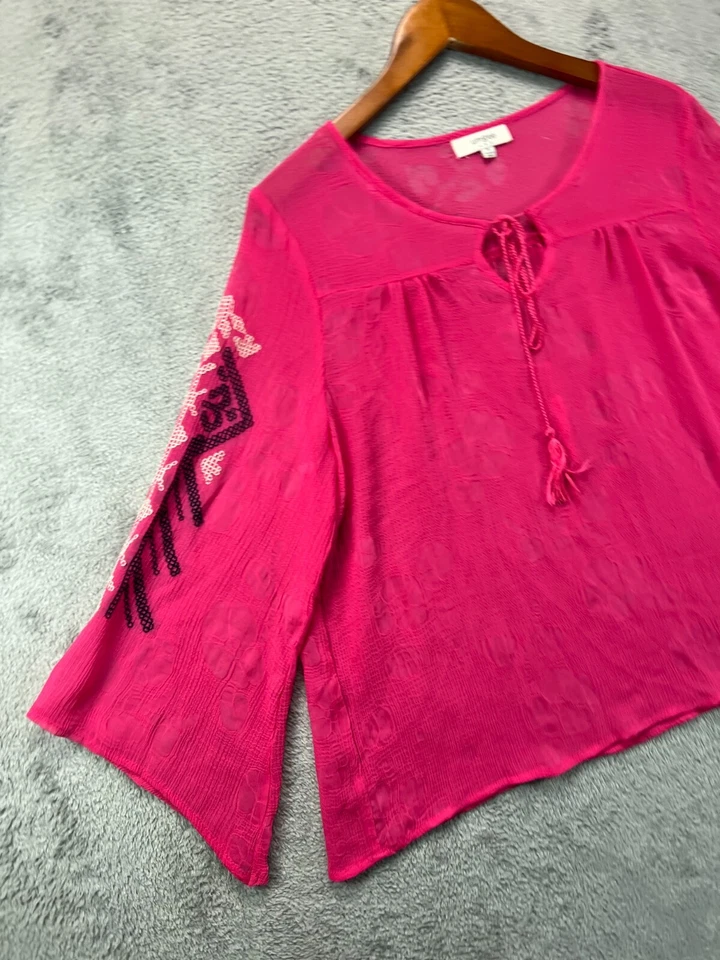 Camisa Top UMGEE Boho Mujer Mediana Rosa Transparente Blusa Bordada Media Manga Foto 4 de 4