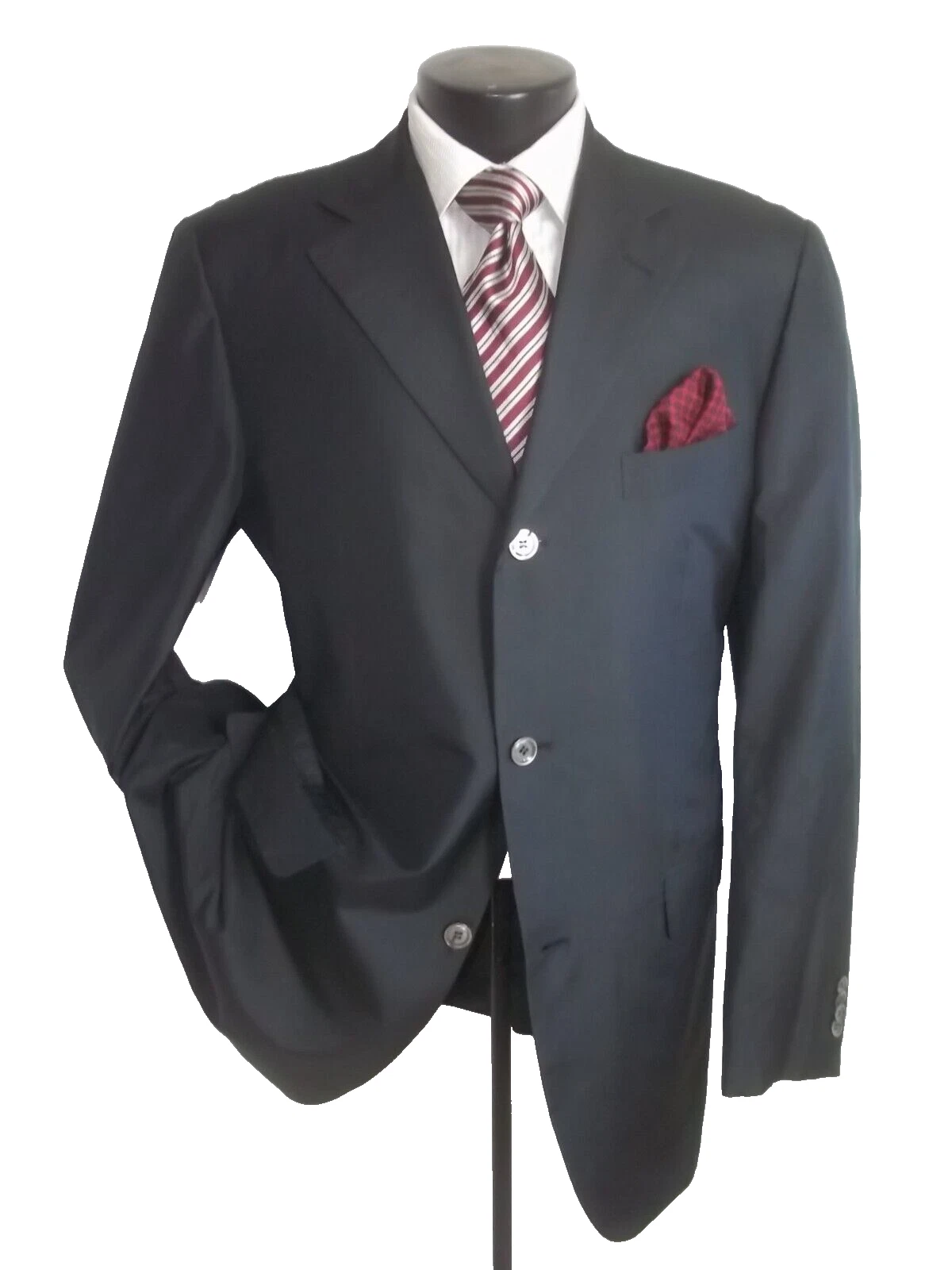 ] Hugo Boss Solid Black 3 Buttons Side Vents Pure Silk, Blazer, Jacket, Coat 44R