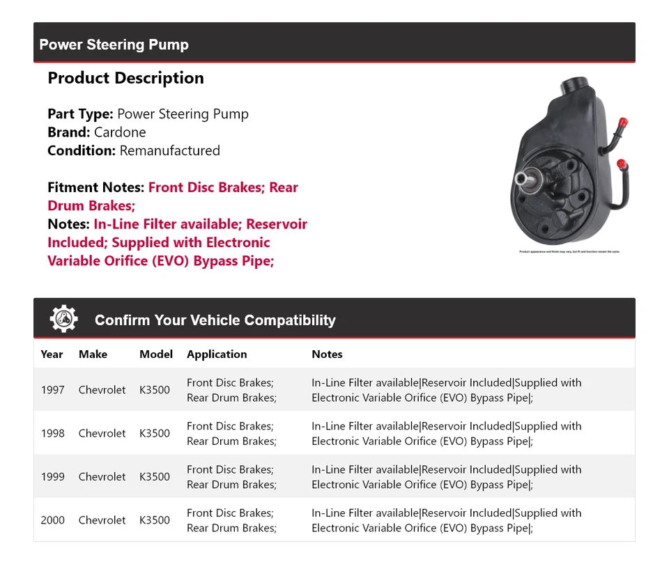 For 1997-2000 Chevrolet K3500 Power Steering Pump Cardone 1998 1999 - Image 2 of 4