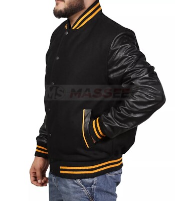 Letterman Sports Varsity Black Wool & Leather Baseball Jacket Men Varsity Jacket
